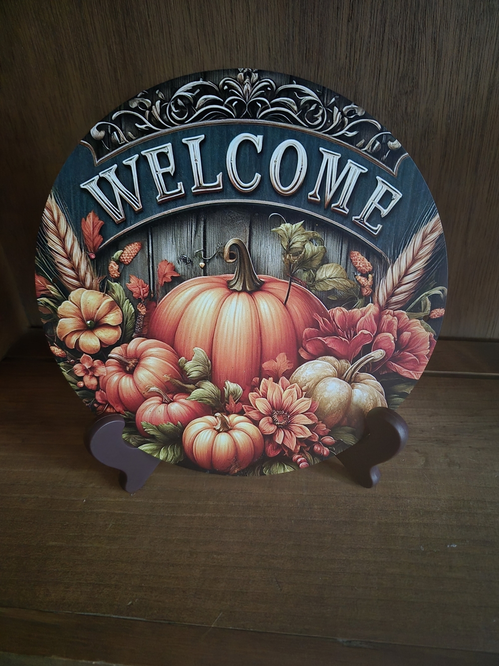 Welcome Pumpkin Round Decorative Plaque - Orange
